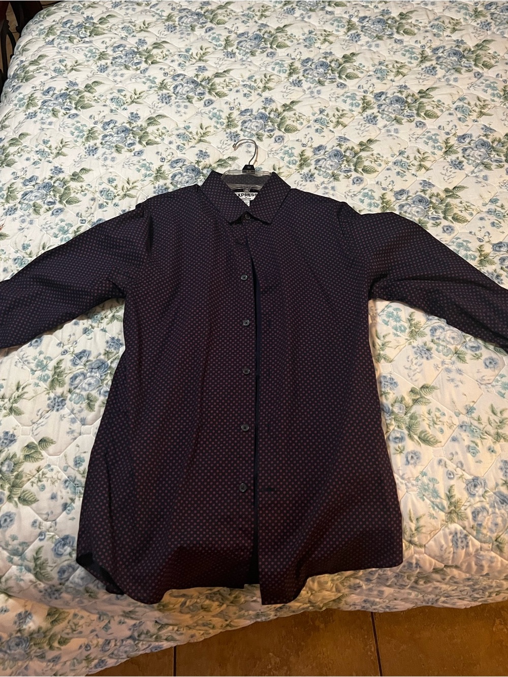 Express Men's Dark Navy Button-Up Shirt with Subtle Dot Print
